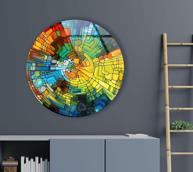 My Photostation.com 24''(60cm) Diameter Stained Yellow Round Glass Wall Art Tempered Glass Printing Wall Decor Large Wall Art Wall Hangings