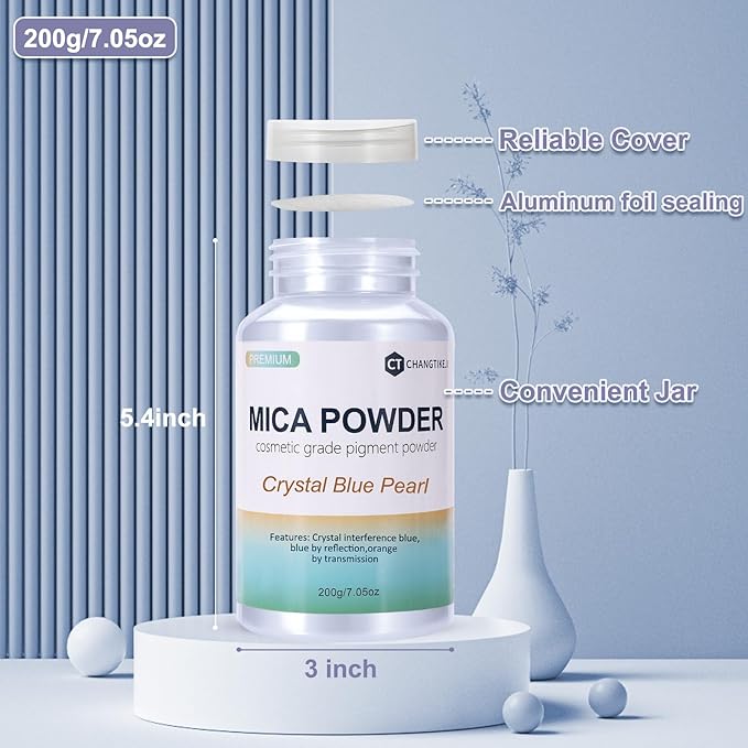 Mica Powder,7.05OZ（200g）,Crystal Blue Pearl Mica Powder Pigment for Epoxy Resin，Lip Gloss，Car Paint，Dye，Soap Making，Nail Polish,Epoxy Resin,Candle Making,Bath Bombs