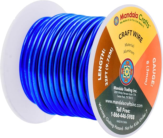 Mandala Crafts 8 Gauge Anodized Aluminum Craft Wire for Jewelry Making - 32 FT Colored Flexible True Blue Wire - Bendable for Bonsai Armature Crafting Sculpting