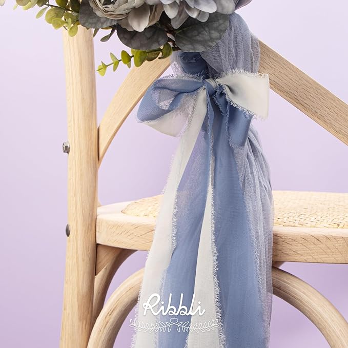Ribbli Chiffon 1.5 Inch x 30 Yard Handmade Silk Ribbon - Ivory/Sage Green/Dusty Blue Fringe for Wedding Invitations, Bridal Bouquets, Wrapping, Flower Arrangement Decoration