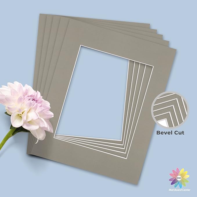 Mat Board Center, Pack of 10, 11x14 for 8x10 Middle Gray Color Mats - Bevel Cut, Acid Free, 4-ply Thickness, White Core - for Pictures, Photos, Framing