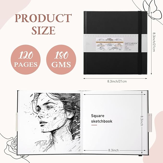 Moinchore Back to School Gifts Square Sketchbook 8 x 8 Inch Hardcover Art Sketch Book Drawing Papers 120 Pages, Mixed Media Journal Notebook with Elastic Closure Sketchbook for Drawing(Black)