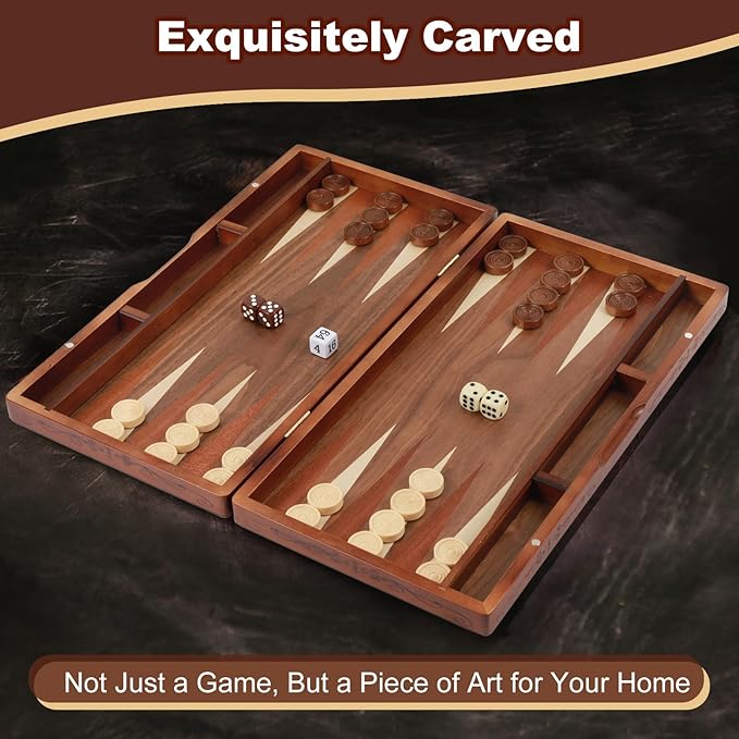 Handcrafted Wooden Backgammon Set, 16" Large Size, Classic Two-Player Strategy Board Premium Travel Game Board for Adults & Teenagers