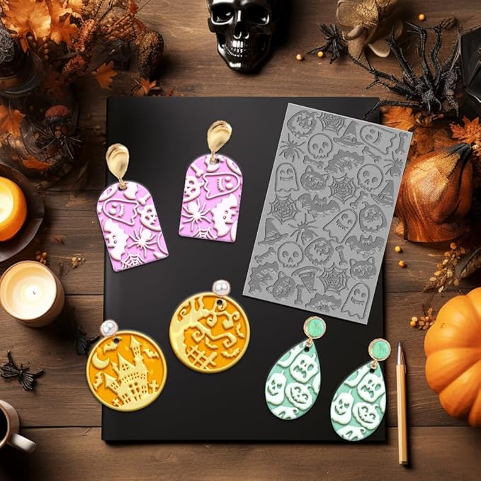4PCS Halloween Polymer Clay Texture Sheets Set for Using with Clay Cutters, Pumpkins Clay Texture Mats, Jewelry Making DIY Halloween Craft Tools