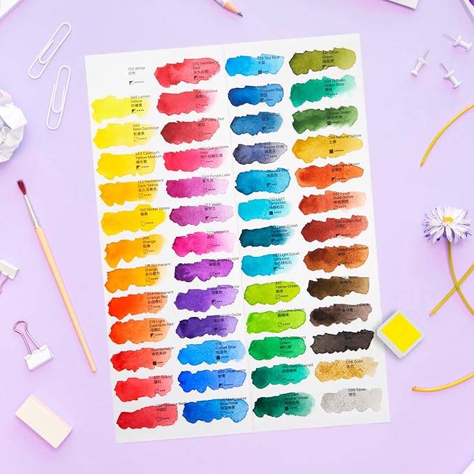 MeiLiang Watercolor Paint Set 52 Colors in Half Pans with Drawing Pencil, Paint Brushes, 5 Watercolor Paper, Sponge, Black Drawing Pens, Art Supplies for Adults Travel Watercolor & Purple Box