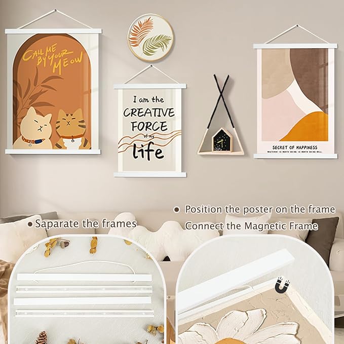 Artmag Magnetic Poster Hanger Frame, 9x24 9x12 9x11 Light Wood Wooden Magnet Canvas Artwork Print Poster Hangers Frames Hanging Kit (White, 9")