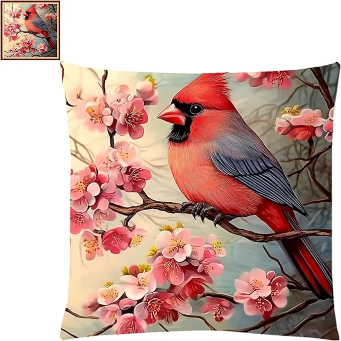 Fanxvivy Stamped Cross Stitch Kits for Adults Beginners Pillow Needlepoint Kit with Embroidery Pattern Needlework Kit Prestamped Stitches Kit 11CT Cross Stitching-Cherry Blossom Bird 18x18 inch