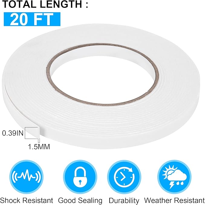 ToLanbbt Double Sided Foam Tape 0.39In x 20FT, Mounting Tape Heavy Duty, Strong Adhesive Weatherproof Seal Strips for DIY Craft Picture Poster, Car & Gap Filling Mountings, Home Office Decor (White)