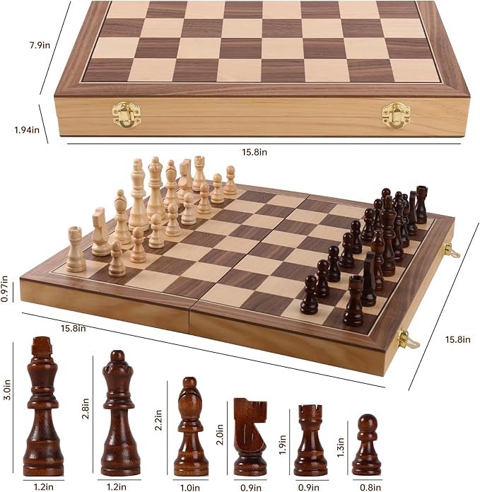 Wooden Chess Set with Folding Board - 15" Classic Magnetic Chess Set with Protective Bag for Adults, Chess Lovers Tournament Professional Beginner