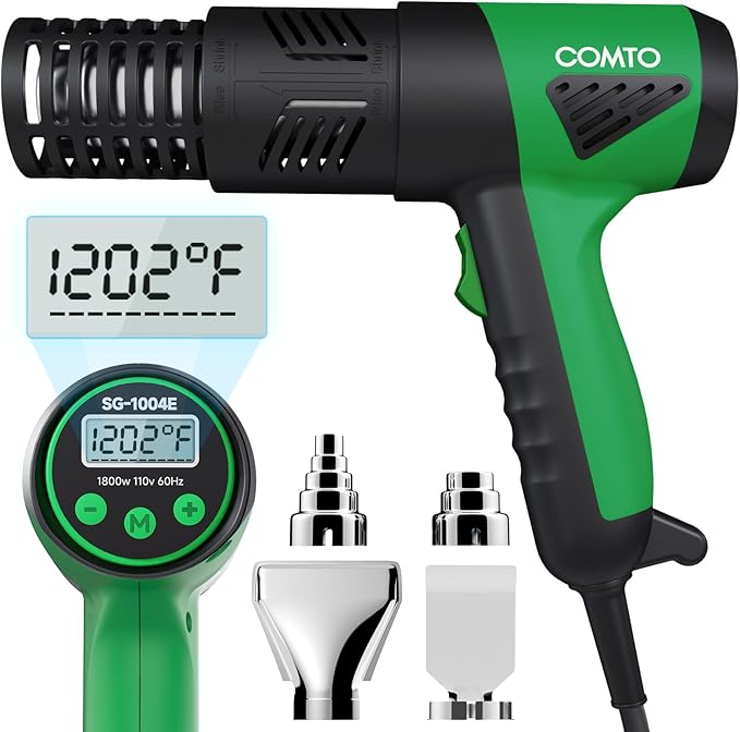 1800W Heat Gun with LCD Digital Display, Variable Temperature Control 122℉-1202℉（50℃- 650℃）with 4 Nozzles for Crafts, Vinyl Wrap, Shrink Tubing (SG-1004E)