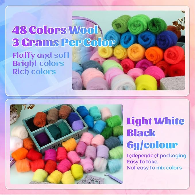 Mayboos Needle Felting Kit, 50 Colors Wool Roving Set, Needle Felting Starter Kit for Beginners with Wool Felting Tool Mat Needle Felting Supplies for DIY Crafts Home Decoration