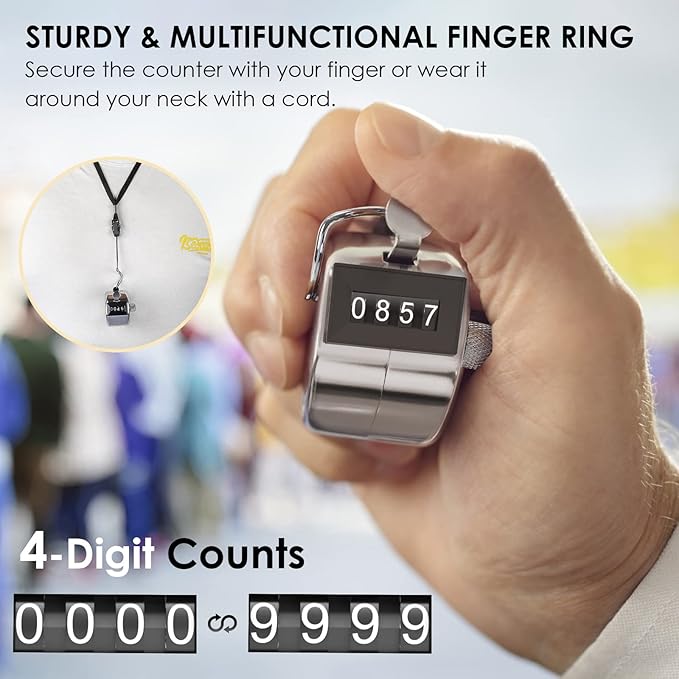 KTRIO Metal Handheld Tally Counter, 4-Digit Number Clicker Counter, Hand Mechanical Pitch Counters for Coaching, Knitting, People, Lap, Fishing, Golf and Row