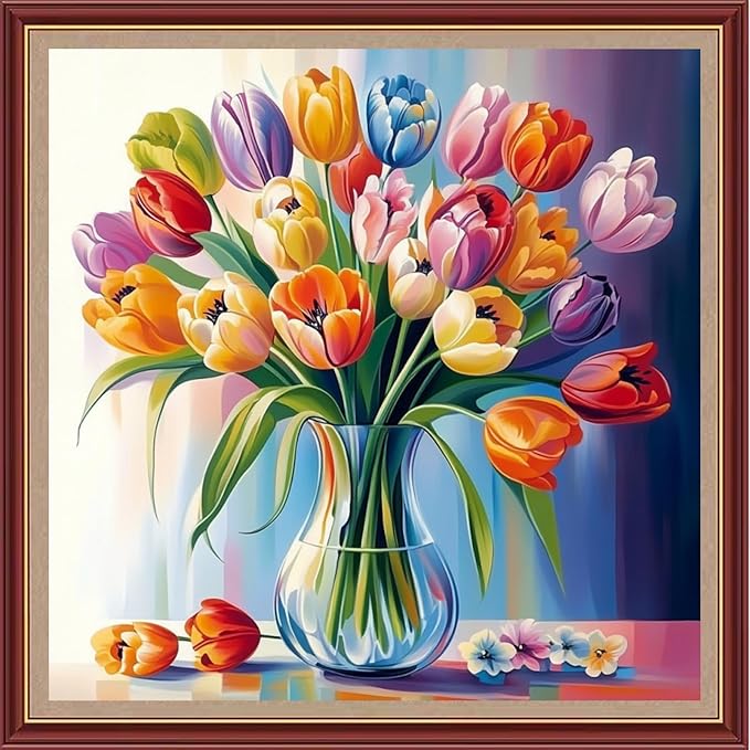 DMCXART Counted Cross Stitch Kits for Adults Needlepoint Kits Unprinted Cross Stitching Embroidery Kit 11CT Cross Stitch Supplies-Magic Rainbow Flowers 18x18 inch