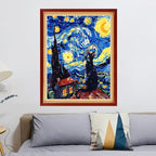 Stamped Cross Stitch Kits - Beach Night Landscape Counted Cross Stitch Kits for Beginners Adults Needlepoint Cross-Stitch Patterns-Van Gogh Starry Cat 16x20 inchs