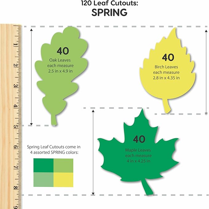 120 Pieces Spring Leaf Paper Cutouts with IDEA Guide, 2-Sided US Made Card Stock Punch Out Maple, Oak, and Birch Leaves for Bulletin Boards, Classroom Decor, Spring Crafts, DIY Scrapbook, and Posters