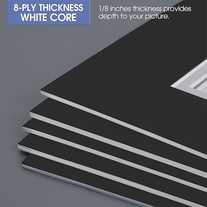 Golden State Art, 11x14 Double Mats for 8x10 - for Photos, Pictures, Frames - Acid-Free, 5 Pack, Black Over Silver