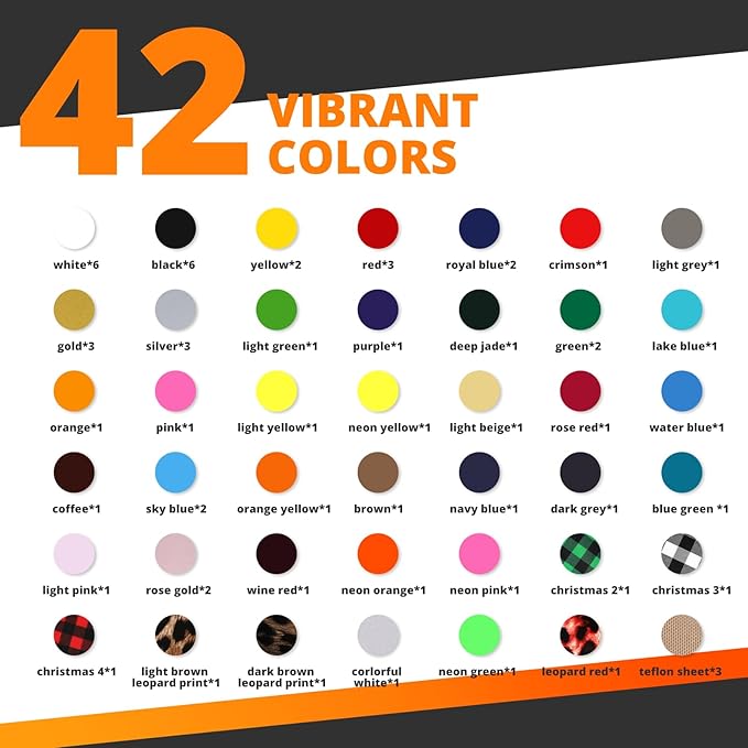 HTVRONT Heat Transfer Vinyl HTV Vinyl Bundle, 65 Pack Iron on Vinyl for T-Shirts 41 Assorted Colors HTV Vinyl Bundle with Weeding Hooks and PTFE Sheet