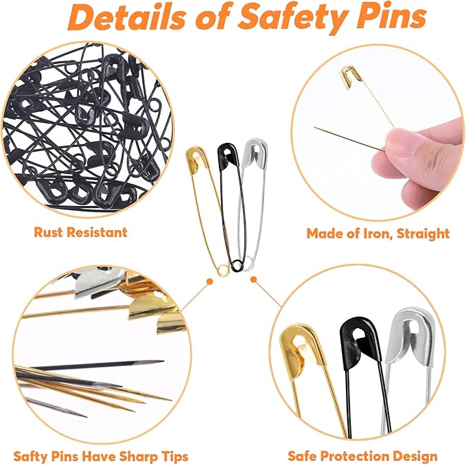 960Pcs Safety Pins Assorted 6 Sizes Variety Pack Large and Small Metal Safety Pin Gold Silver Black for Clothing Art Crafts Sewing Quilting Jewelry Making