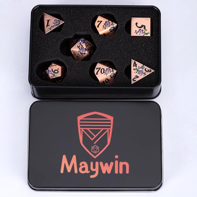 Metal DND Dice Set, Dungeons and Dragons Metallic Flower Dice with Gift Case, Polyhedral Dice Sets for Tabletop Games (Antique Red Copper - Purple)