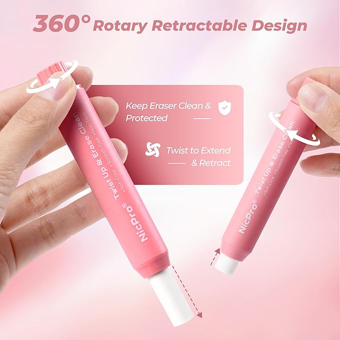 Nicpro 6 Pack Rotary Retractable Erasers Pen Style, Aesthetic Pastel Twist Erasers in Rainbow Colors, Clean Erasing TPE Eraser for School Supplies, Office, Drawing & Journaling