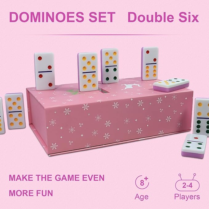 IDTQ Dominoes Set for Adults, Double 6 Dominos Game Set with 28 Domino Tiles Double with Upscale Gift Boxes -7 Polyhedral Dice -Classic Board Games (Pink)