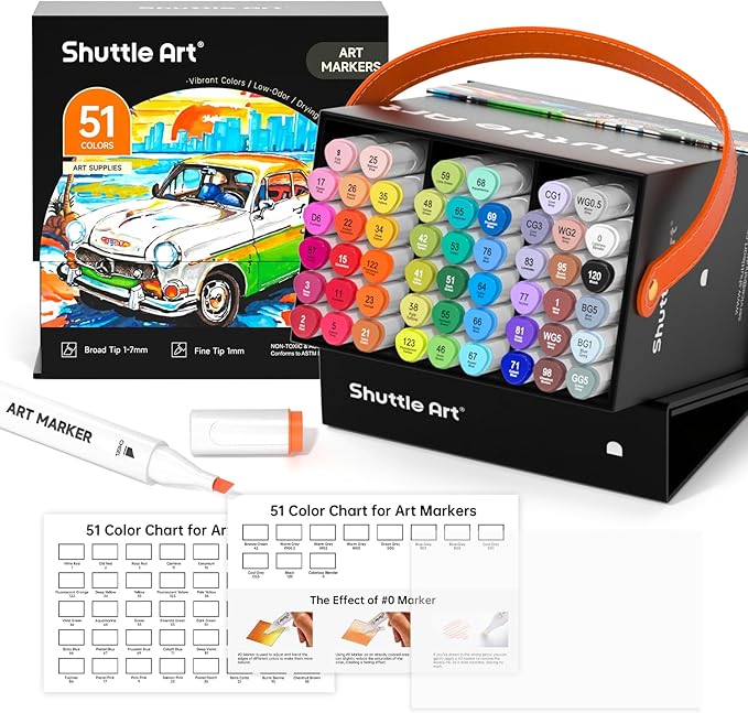Shuttle Art 51 Colors Alcohol Markers, 50 Colors Dual Tip Art Marker Set Plus 1 Colorless Blender with Marker Case Perfect for Illustration Students Adult Coloring Sketching