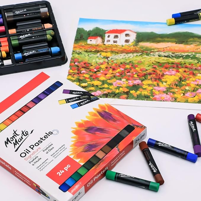 Mont Marte Oil Pastels Signature 24pc, 24 Assorted Colors, Vibrant Oil Pastel Set, Great Blending and Layering, Ideal for Art, Craft, Coloring and Sketching