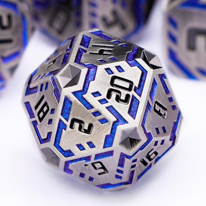 Metal DND Sci-fi Dice Set 7PCS Stripe Polyhedral Dice for Dungeons Dragons RPG Role Playing Game, Glitter D and D Dice with Gift Box D6 D8 D10 D12 D20 (Blue Purple&Grey)