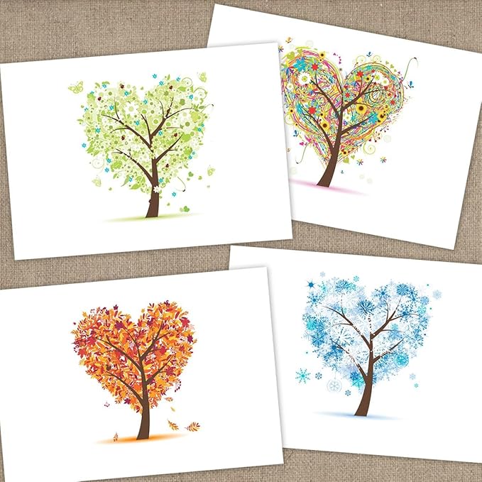Seasons of Life Note Card Assortment Pack/Set Of 24 Greeting Cards And White Envelopes / 4 7/8" x 3 1/2" Cards Featuring 4 Seasonal Tree Designs