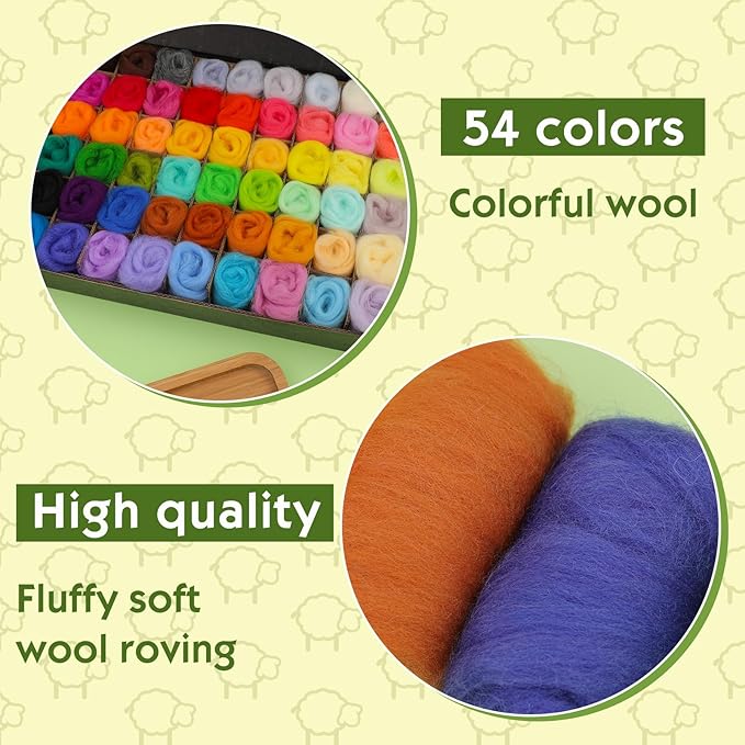 WONVOC 54 Colors Needle Felting Wool, 9.5oz/270g Roving Yarn, Wool Roving Bulk, Wool Roving for Needle Felting, Felting Wool Assorted Colors