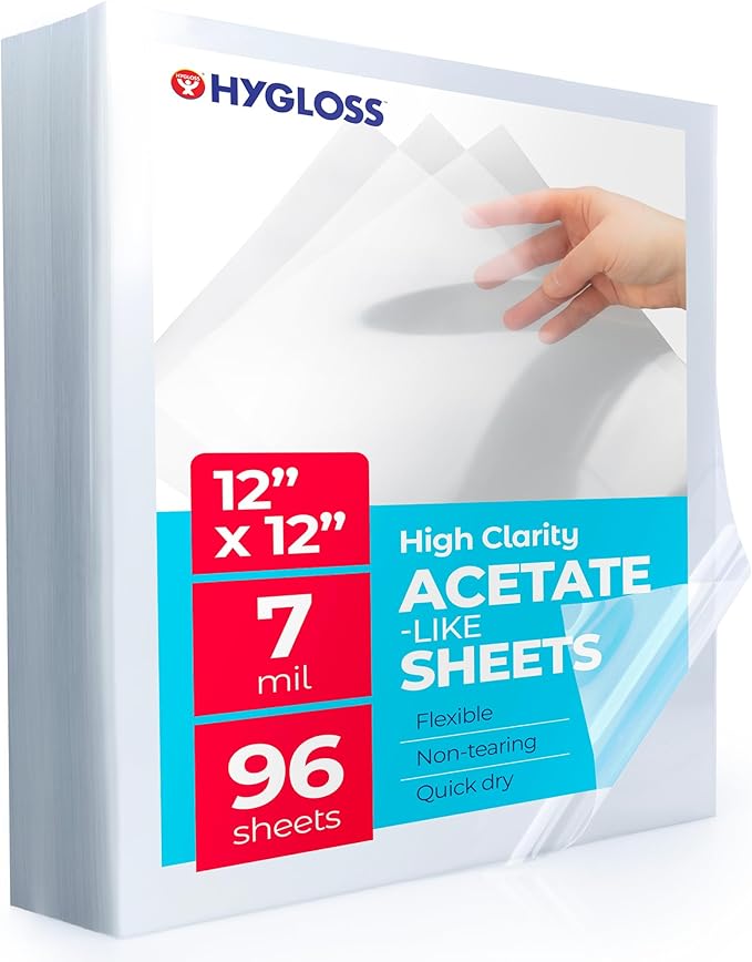 Hygloss 12" x 12" Acetate Paper - 7 Mil Clear Acetate Sheets for Crafts Projects, Cricut Stencil Sheets, Classroom Stencil Sheets, Reusable Transparent Clear Plastic Sheet (Not for Printers) 96 Pack