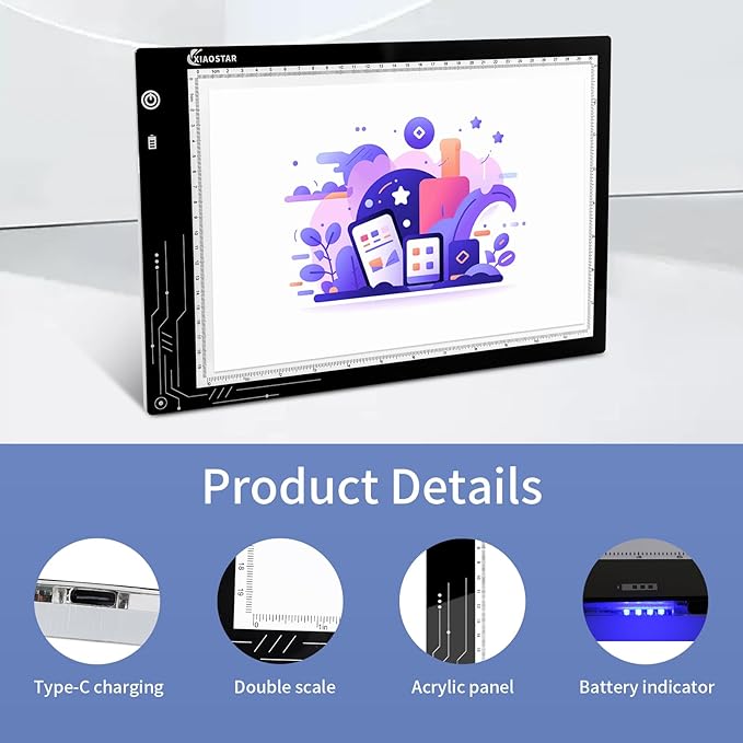 XIAOSTAR Rechargeable Light Box Drawing A4, Tracing Board with Adjustable Brightness for Artists, Animation Drawing, Sketching, X-ray Viewing (A4-RCG)