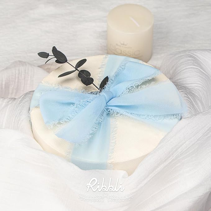 Ribbli Baby Blue Chiffon Ribbon 1-1/2 inch x 20 Yard Handmade Fringe Chiffon Silk Ribbon, Light Blue Ribbon for Wedding Invitations, Bridal Bouquets Wrapping, Flower Arrangement Decoration