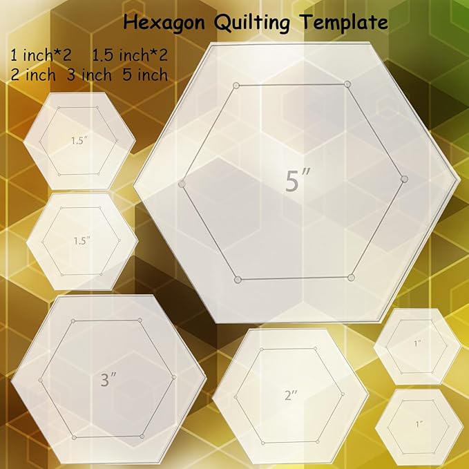 7 Pieces Hexagon Quilting Template with 1/4 Inch Seam Allowance, Hexagon Acrylic Quilting Rulers and Templates for Sewing DIY Manual Crafts Including 1 Inch*2, 1.5 Inch*2, 2 Inch, 3 Inch, 5 Inch