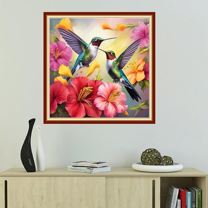 Foxhool Beginners Cross Stitch Kits Stamped Full Range of Embroidery Kits for Adults DIY Cross Stitches kit Embroidery Patterns for Needlepoint kit-Hummingbird Couple 18x18 inch
