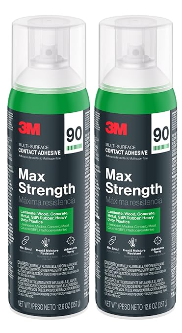 3M Max Strength 90 Contact Adhesive Spray, 12.6 oz (Pack of 2) – Low VOC Heavy Duty Glue with Adjustable Nozzle, Heat & Water Resistant Bond for Metal, Wood, Plastic, Laminate, Concrete