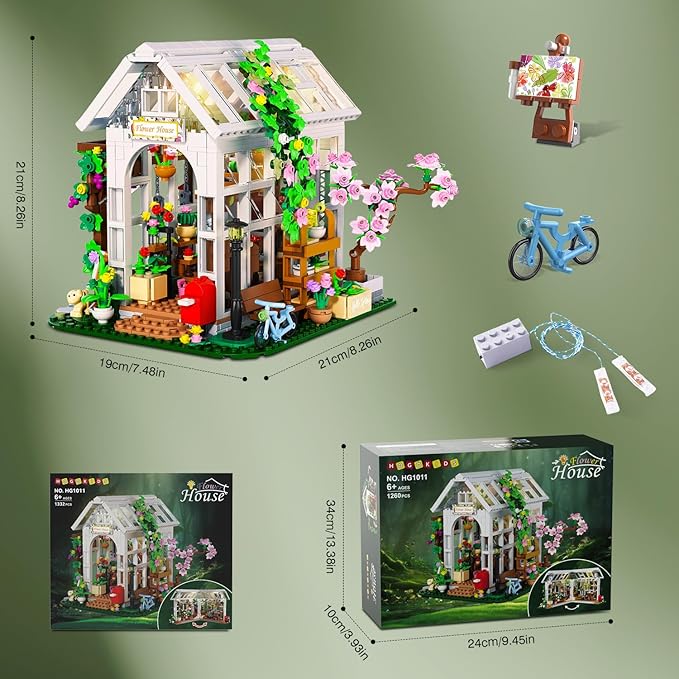 HOGOKIDS Flower House Building Set with LED Light - 1332 PCS Garden House Buiding Toy with Flowers Potted Plants Parrot Cat Animals Playset Greenhouse Model Xmas Gift for Adults Teens Girls Ages 8+