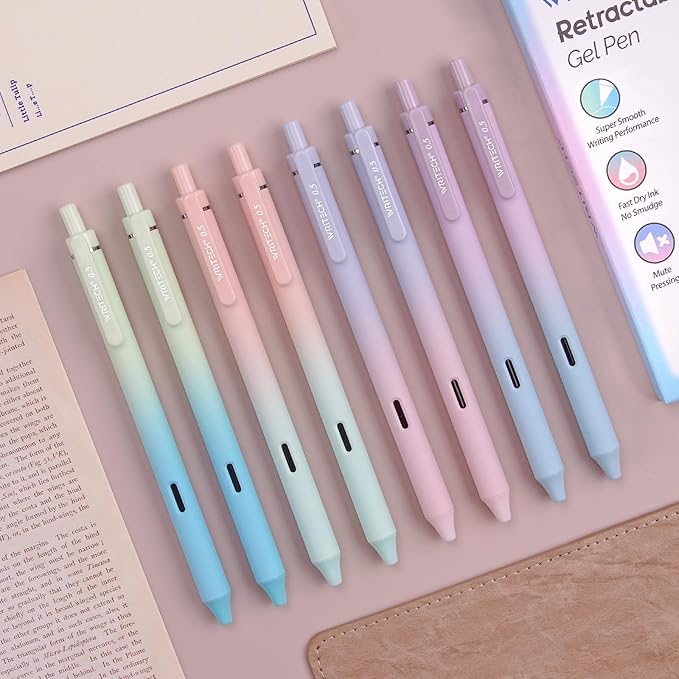 Writech Retractable Gel Ink Pens: 8ct Black Ink 0.5mm Fine Point Tip Pen Comfort Grip Smooth Writing with Aesthetic Gradient Color Barrel for Journaling Note Taking Sketching No Bleed & Smear