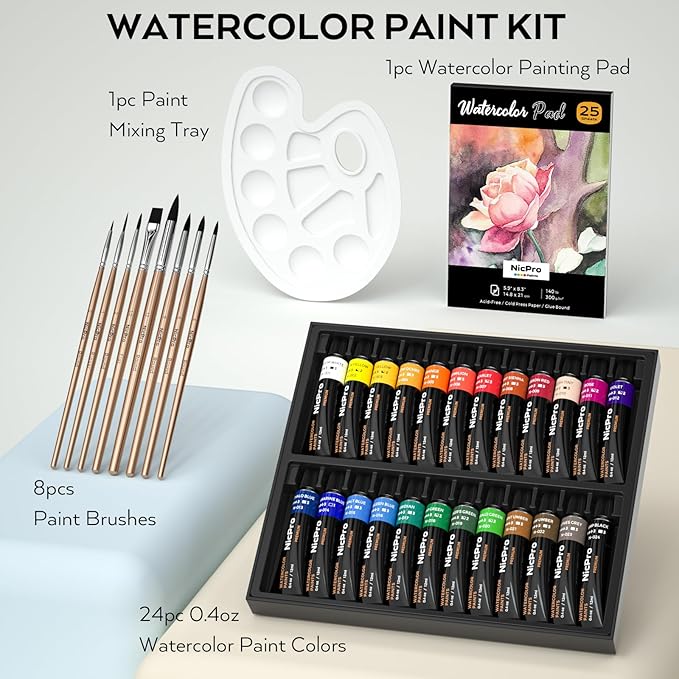 Nicpro Watercolor Paint Set for Adults, Beginner & Artists, 24 Tubes Water Color Paint Set with 25 Watercolor Paper, 8 Squirrel Paint Brushes, Palettes, Color Wheel, Art Painting Supplies