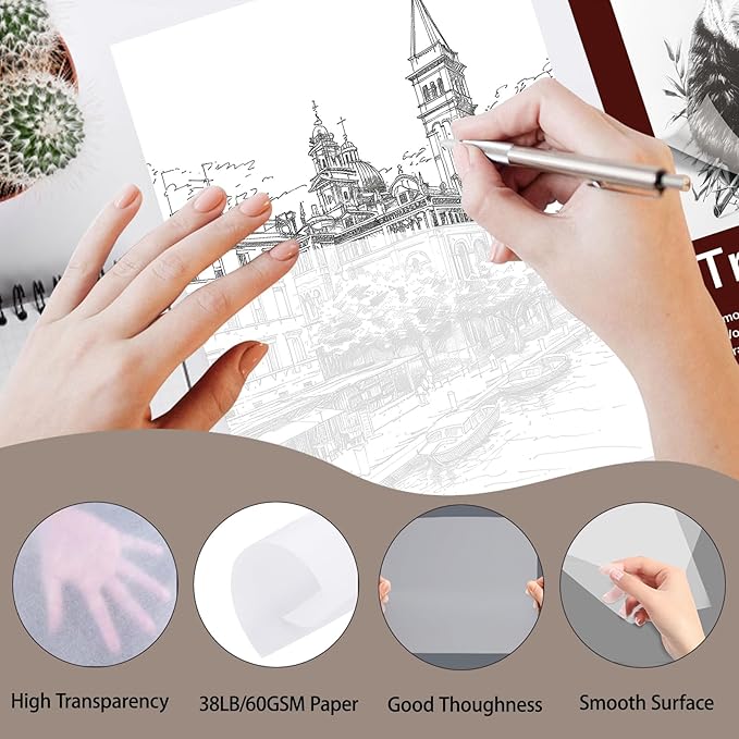 Tracing Paper 9x12 inch, 85 Sheets Translucent Tracing Paper Pad, 38lb/60gsm Vellum Art Paper Works with Pencil, Marker and Ink
