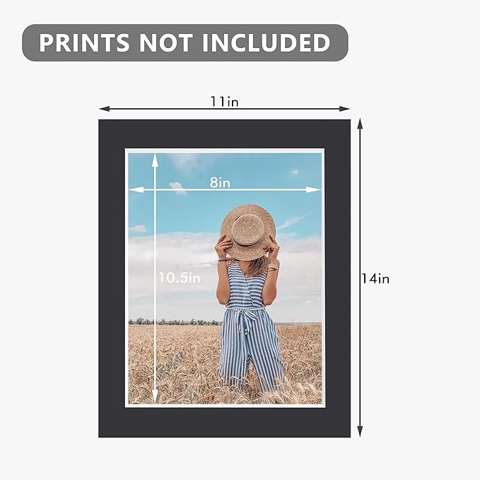 10 Pack Pre-Cut 11 x 14 Black Picture Mats for 8.5x11 Photos - White Core Bevel Cut Frame Matte, Acid Free, Ideal for Frames/Artwork/Prints