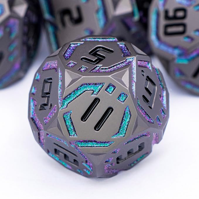 Metal DND Sci-fi Dice Set 7PCS Stripe Polyhedral Dice for Dungeons Dragons RPG Role Playing Game, Glitter D and D Dice with Gift Box D6 D8 D10 D12 D20 (Black&Green Purple)
