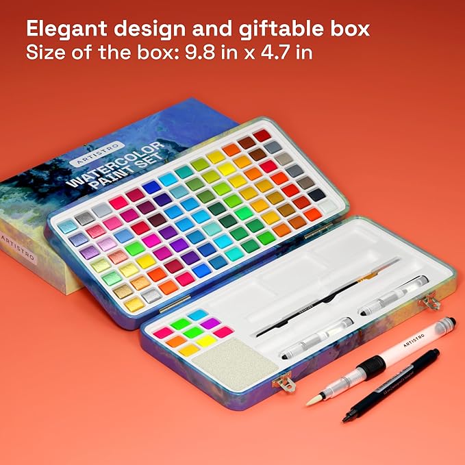 ARTISTRO Watercolor Paint Set, 100 Vivid Colors in Portable Box, Palette set Including Metallic, Fluorescent, Pastel Colors. Perfect Travel Watercolor Set for Artsits, Amateur, Hobbyists and Painting Lovers