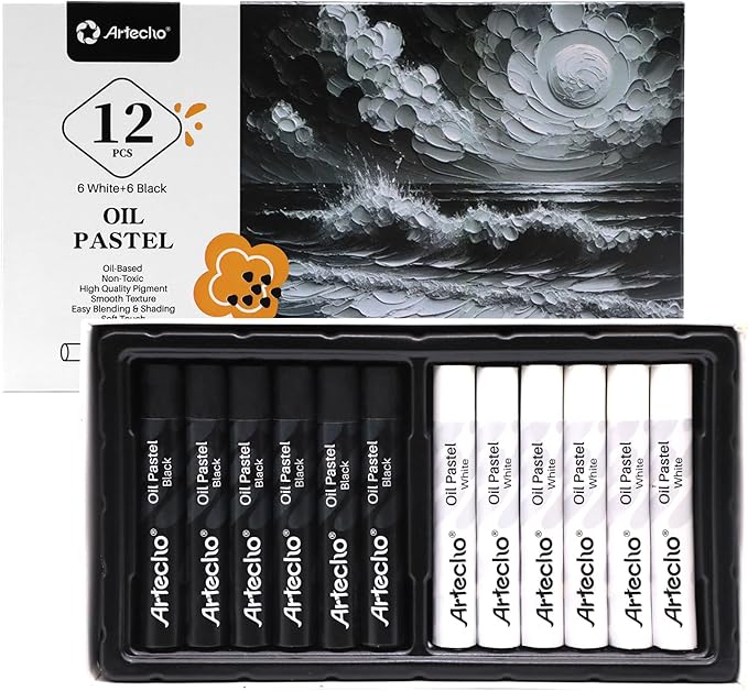 Artecho Oil Pastels Set of 12 PCS, 6 White and 6 Black, Crayons for Art Painting, Drawing, Blending (10 x 70 mm)