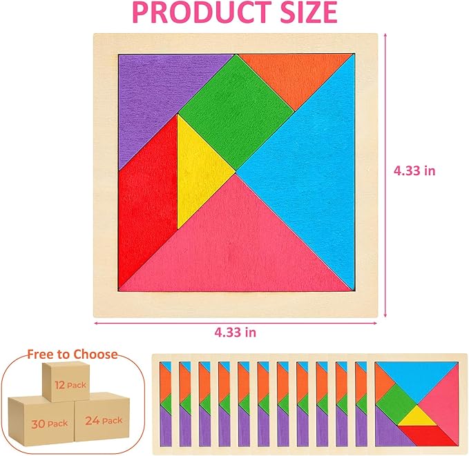 12 Pack Tangram Puzzle Wooden Kids Party Favors, Goodie Bags Stuffers for Kids, Return Gifts for Birthday Party, Classroom Prizes Rewards for Students