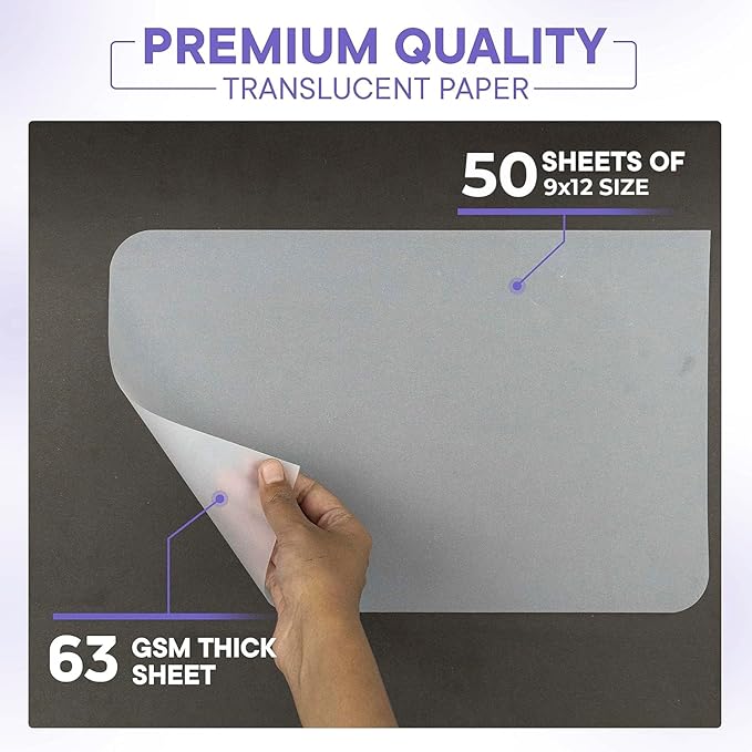 Xulmar Tracing Paper 9x12 63 GSM - Pack of 50 Sheets Tracing Paper for Sewing Patterns, Drawing Overlays & Sketching on Art Paper & Sketch Book
