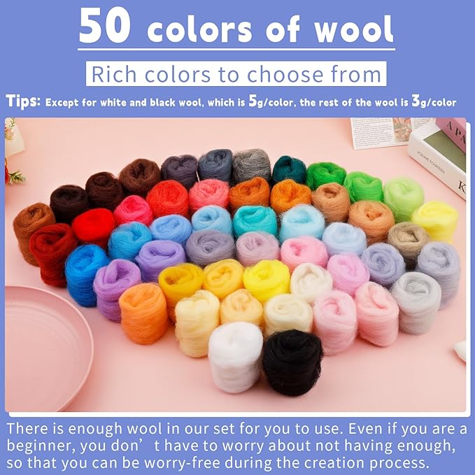IMZAY 50 Colors 5.4 Oz Needle Felting Wool, 3g/Pack Wool Roving Yarn for Beginners, Fiber Wool Roving for DIY Hand Spinning, Felting Crafts, Needle Felt Roving DIY Craft, Black/White 5g Each
