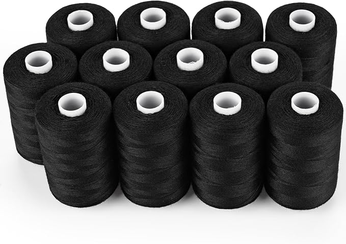 ilauke Sewing Thread, 12 Spools 1000 Yards Each Black Polyester All Purpose Thread, Sewing Machine Supplies fo Beginners/Hand Sewing/Hand Stitching, Quilting