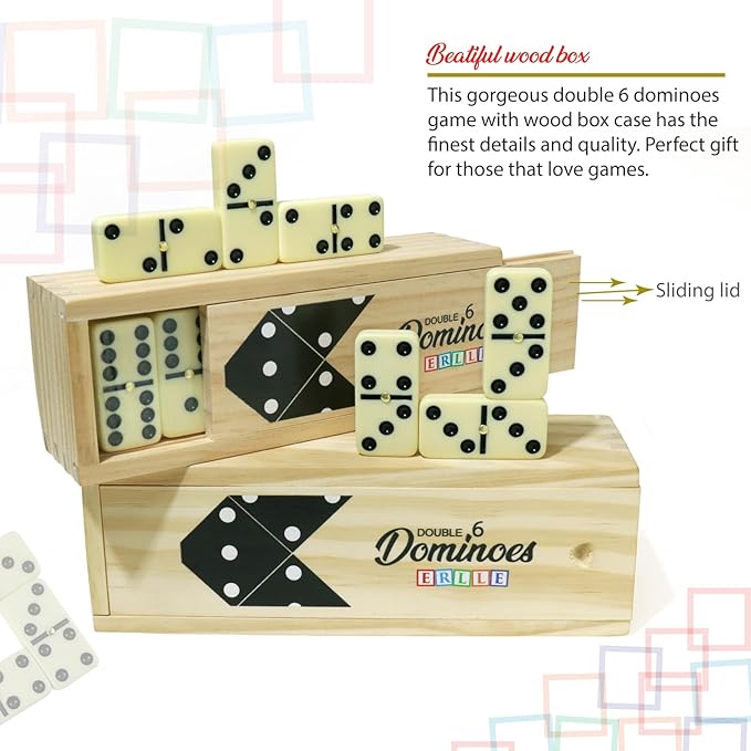 ERLLE - Dominoes Set, Premium Classic 28-Piece Double Six Domino Set with Wooden Case, Family & Kids Board Game, Mexican Train, Chicken Foot, and Classic Domino Games