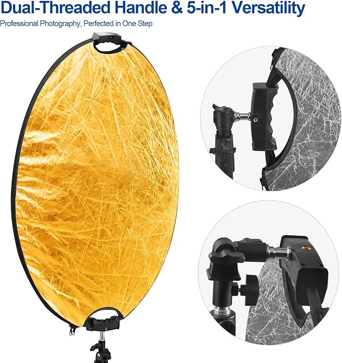 WELLMAKING 32''(80cm) Photography Reflector Dual Handle Collapsible 5-in-1 with Tilt Adapter Reflector, White Portable Stand and Pouch for Studio & Outdoor Lighting-Translucent,Silver,Gold,White&Black